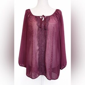 Live To Be Spoiled 3X Plum Boho Peasant Blouse Sheer Lace Tie Neck